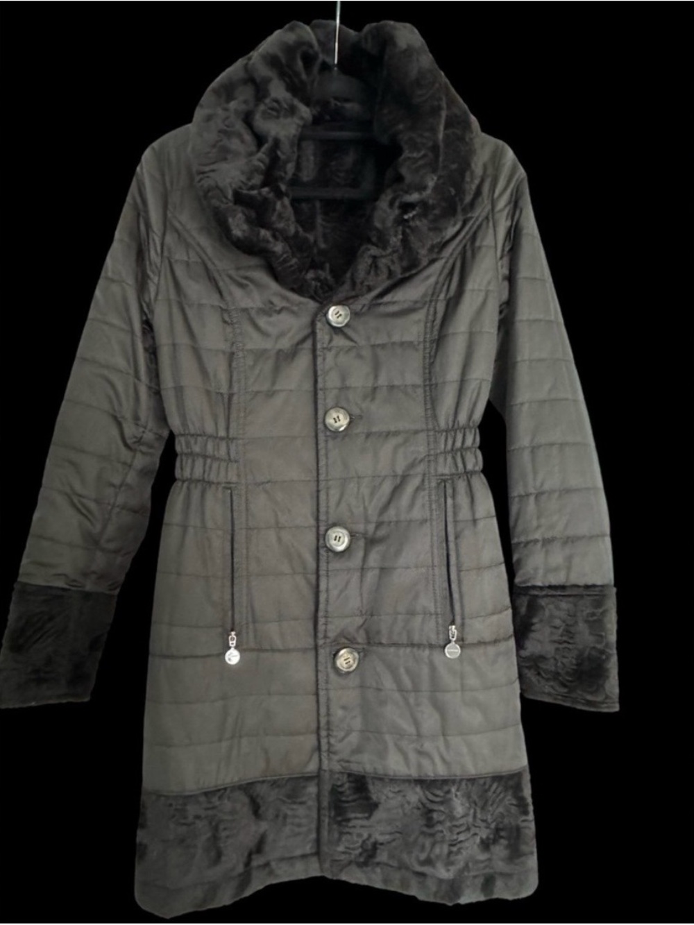 Laundry By Shelli Segal Black Quilted Coat with Faux-Fur Trim